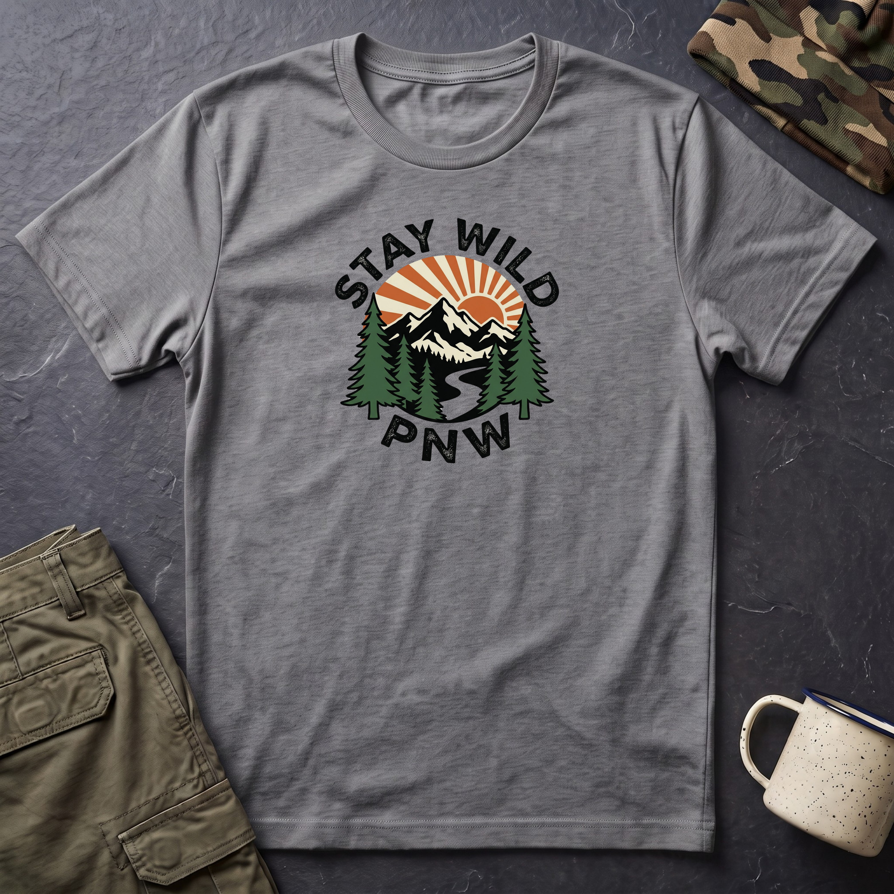 Stay Wild PNW T-Shirt | Mountain Sunset, Pine Trees, River Road