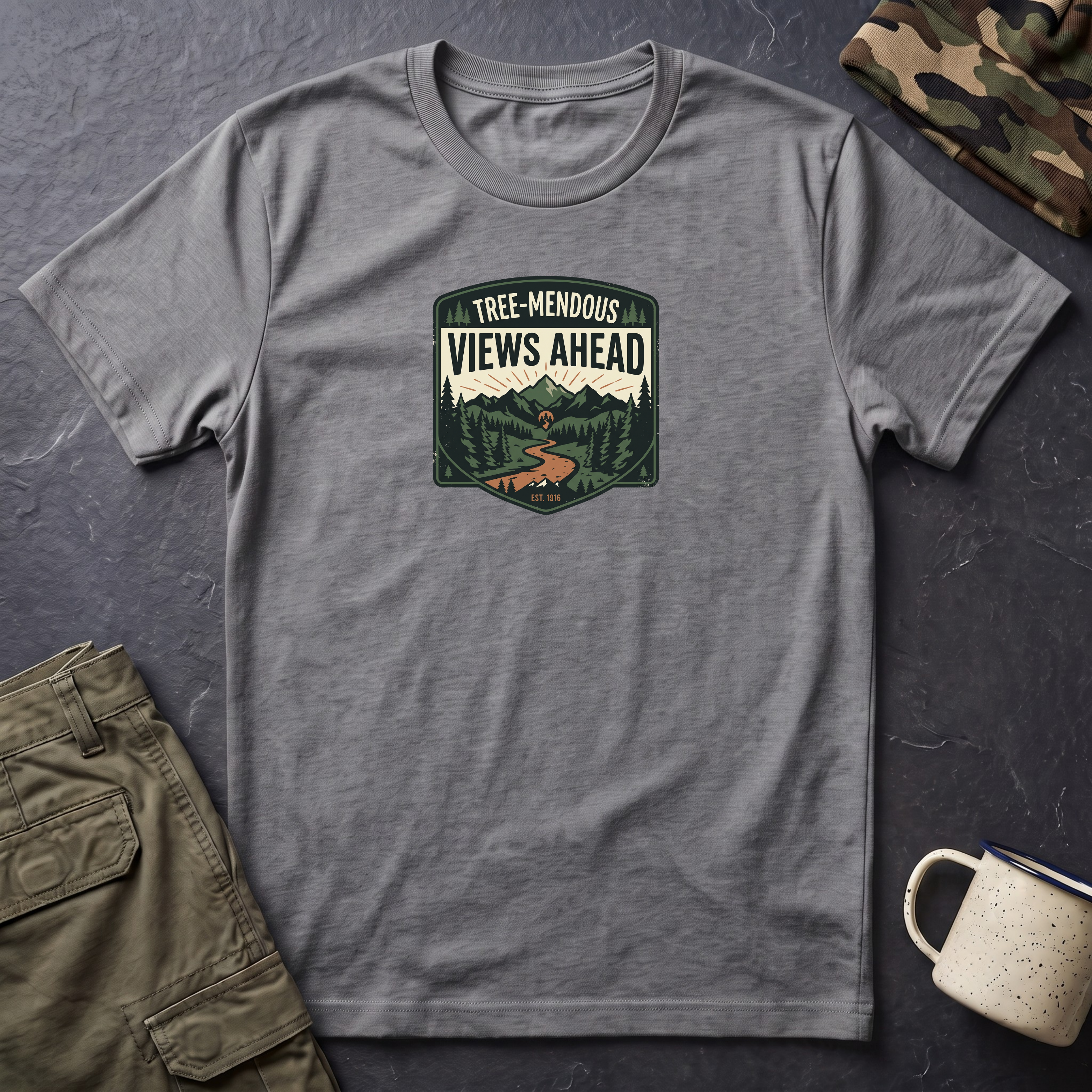 Hiking Tee — "Tree-mendous Views Ahead" Graphic T-Shirt