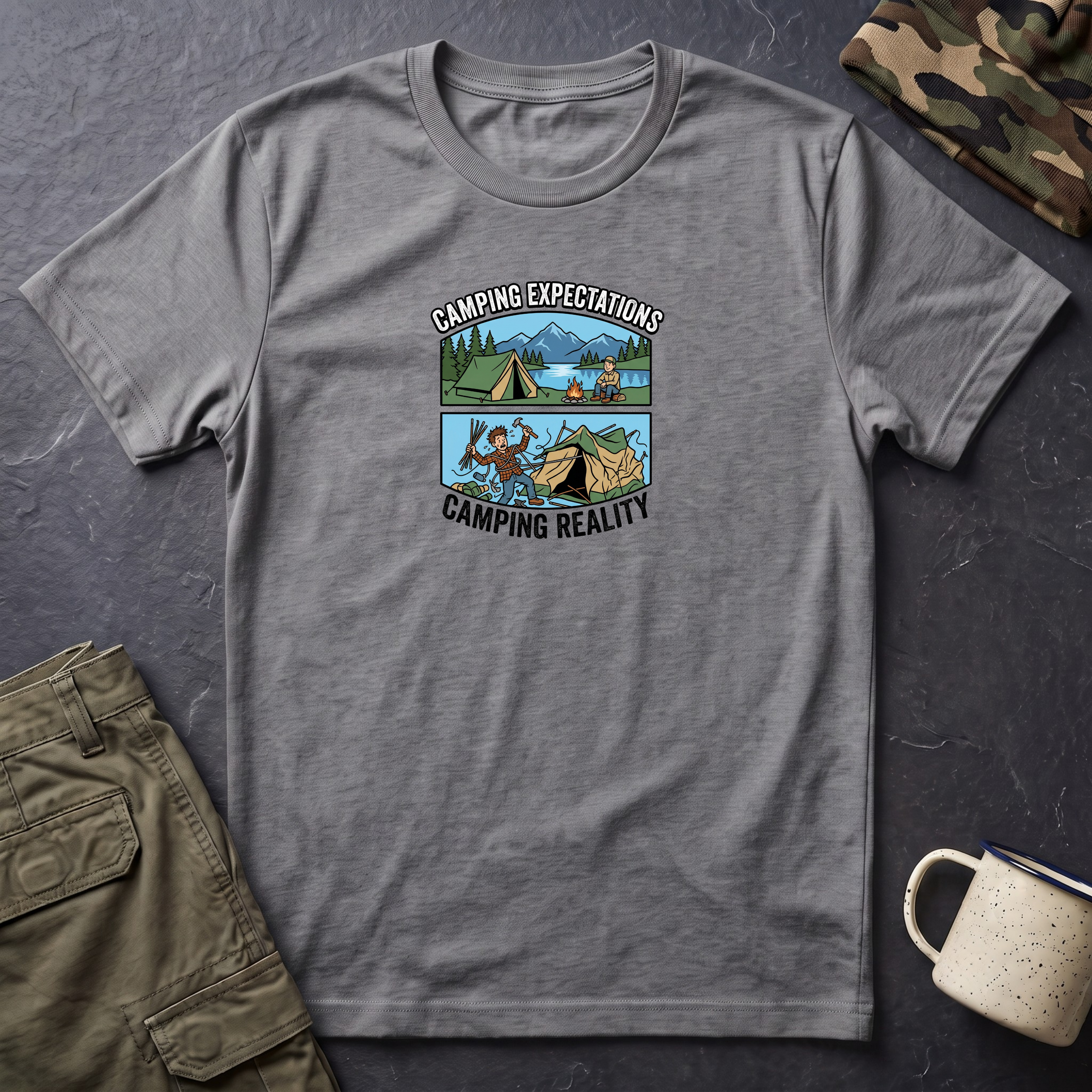 Camping Reality T-Shirt | Scenic Tent, Lake, Mountains Outdoor Adventure