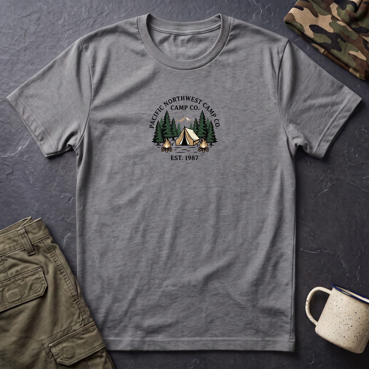 Campwood Trees Tent Graphic T-Shirt | Mountain Camping Logo, EST 1987