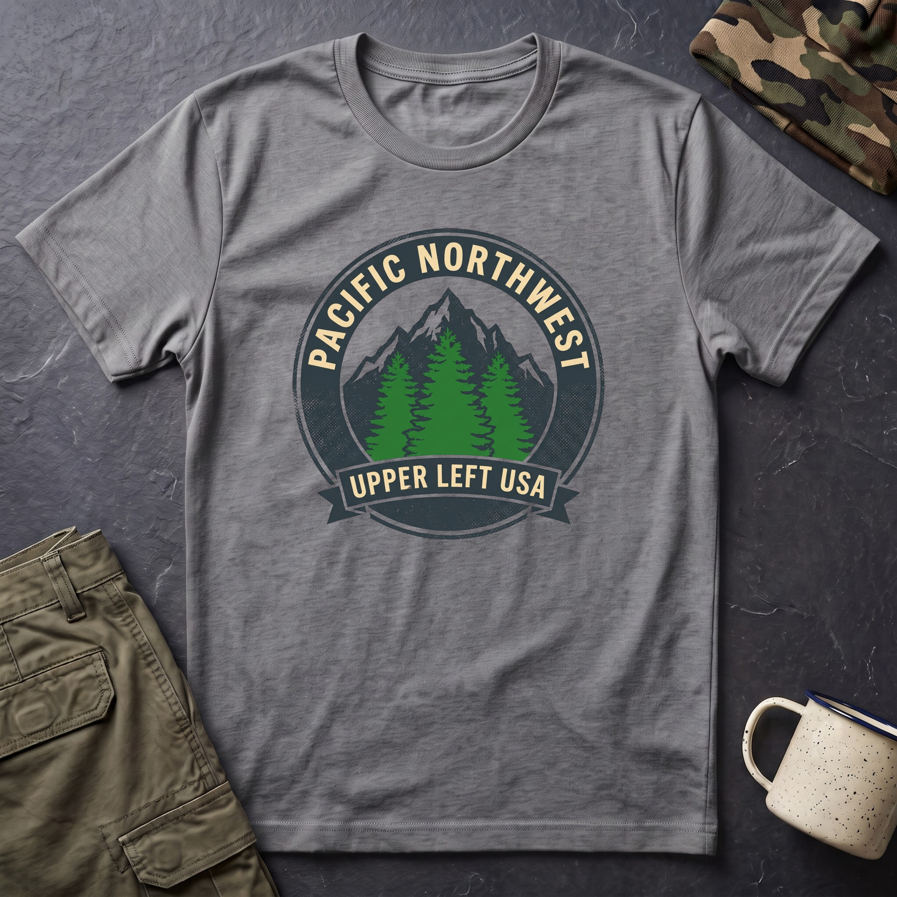 Pacific Northwest Mountain Pines T-Shirt | Upper Left USA graphic