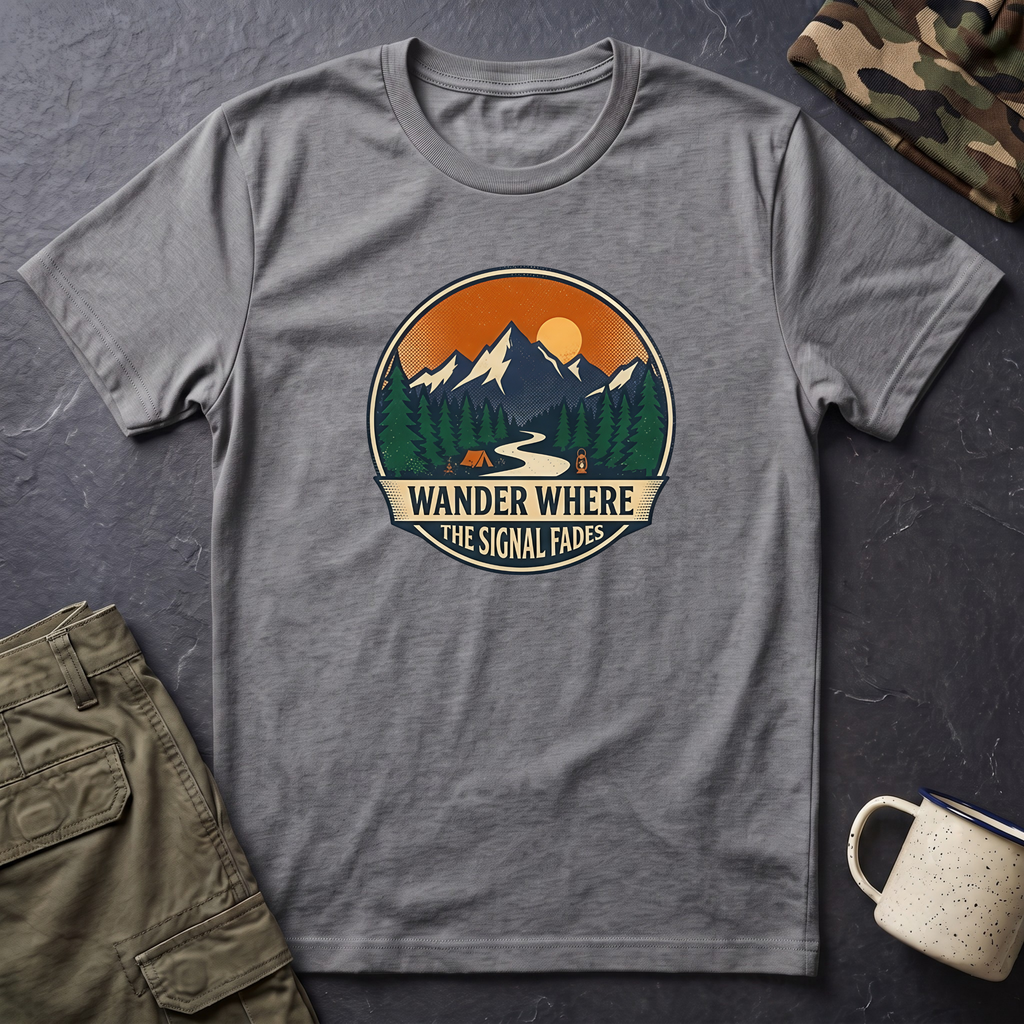 Wander Where The Signal Fades T-Shirt | Mountain Sunset Camping Design