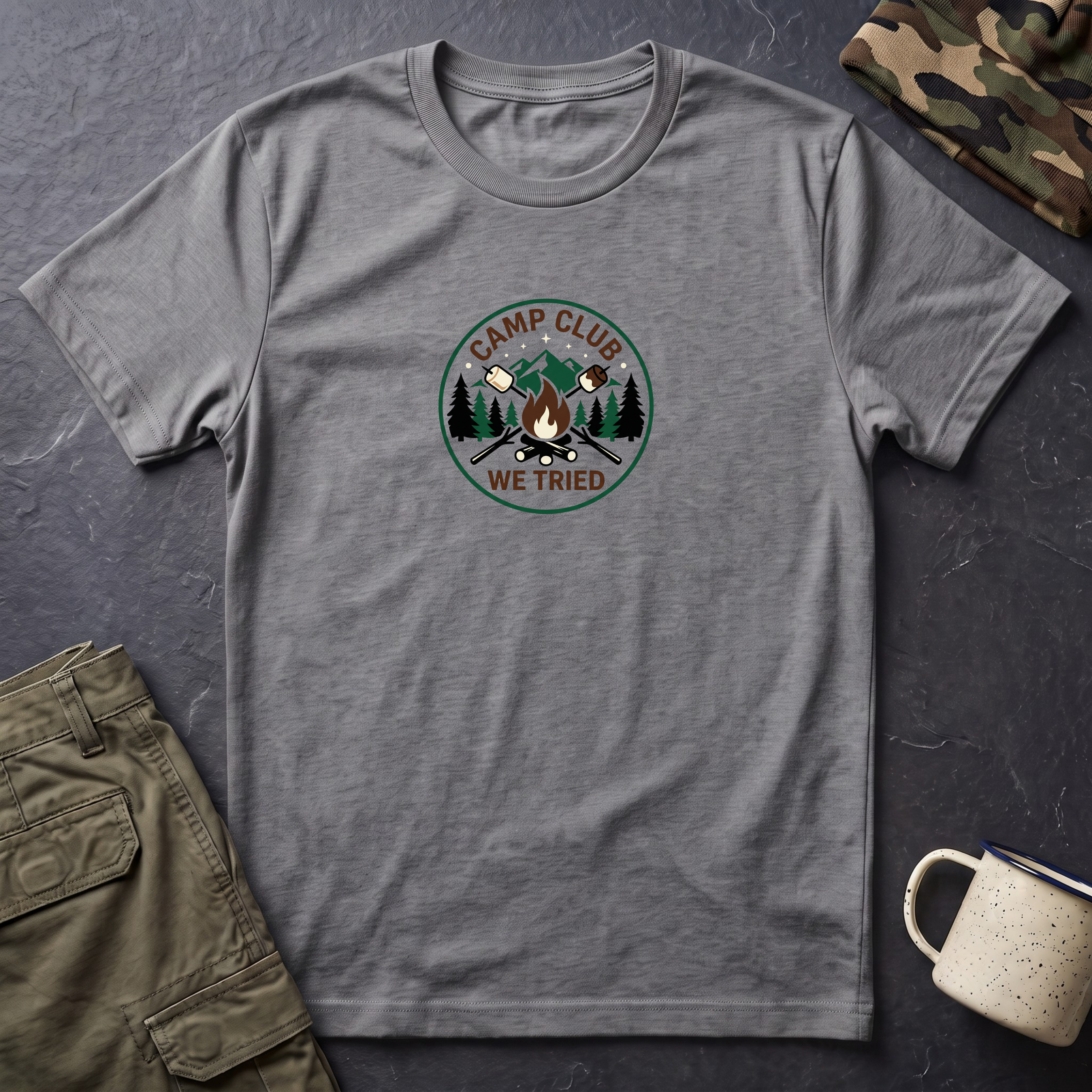 Camp Club We Tried T-Shirt | Camping Badge, Mountains & Pine Trees