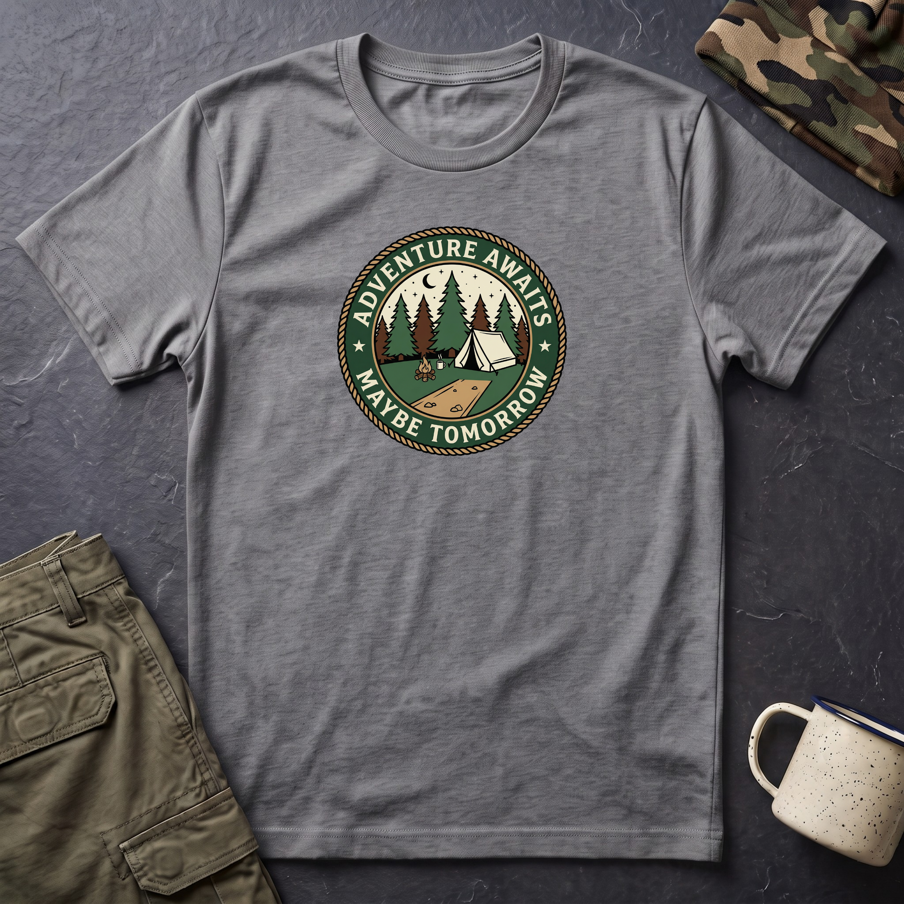 Adventure Awaits Maybe Tomorrow T-Shirt | Camping Patch Graphic