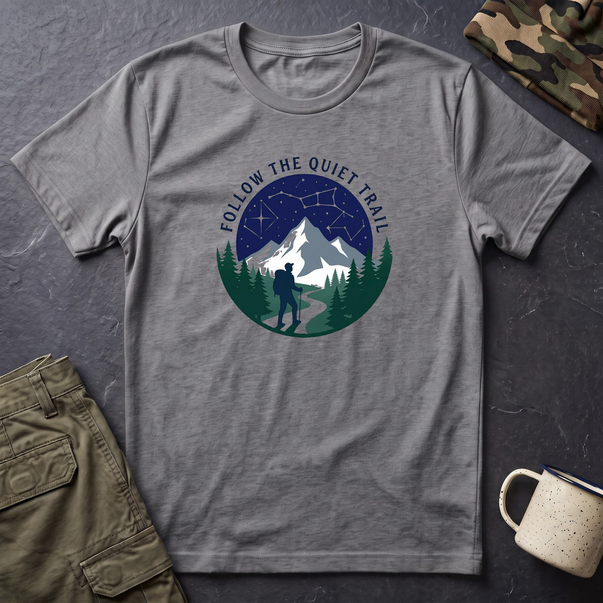 Follow The Quiet Trail Hiking T-Shirt | Mountain Night Sky