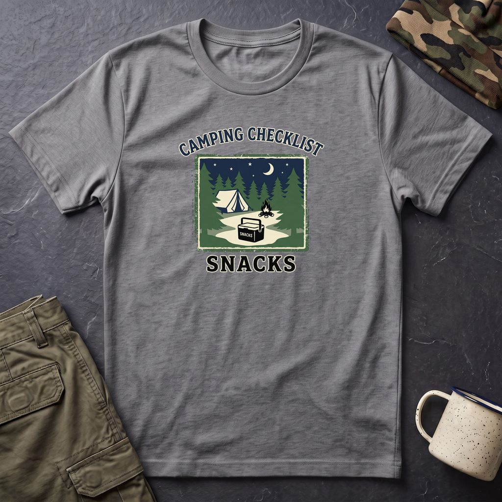 Camping Checklist Snacks T-Shirt | Camping Graphic Tee, Tent Campfire Design