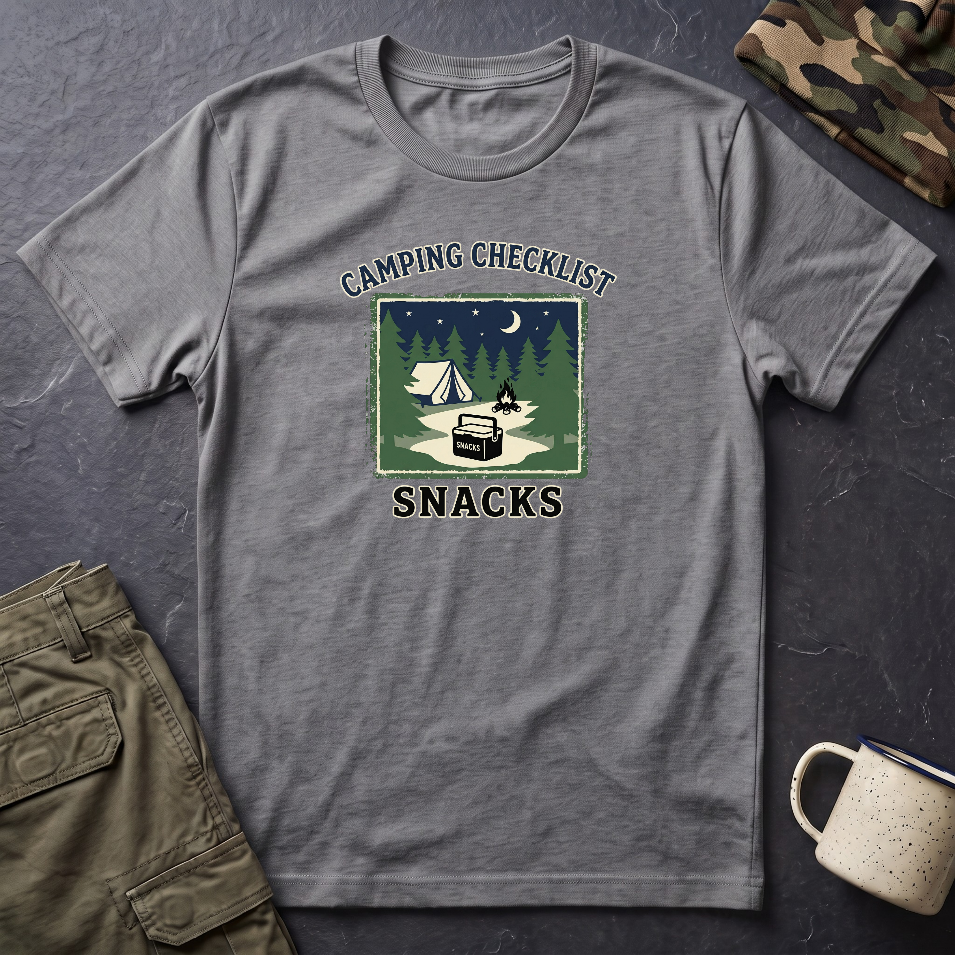 Camping Checklist Snacks T-Shirt | Camping Graphic Tee, Tent Campfire Design