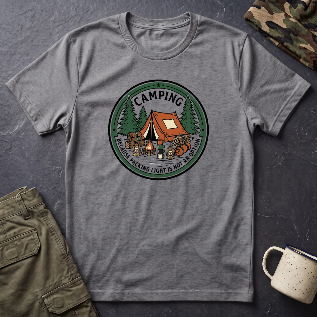 Camping Campfire Tent Graphic T-Shirt | Outdoor Adventure Cabin Design