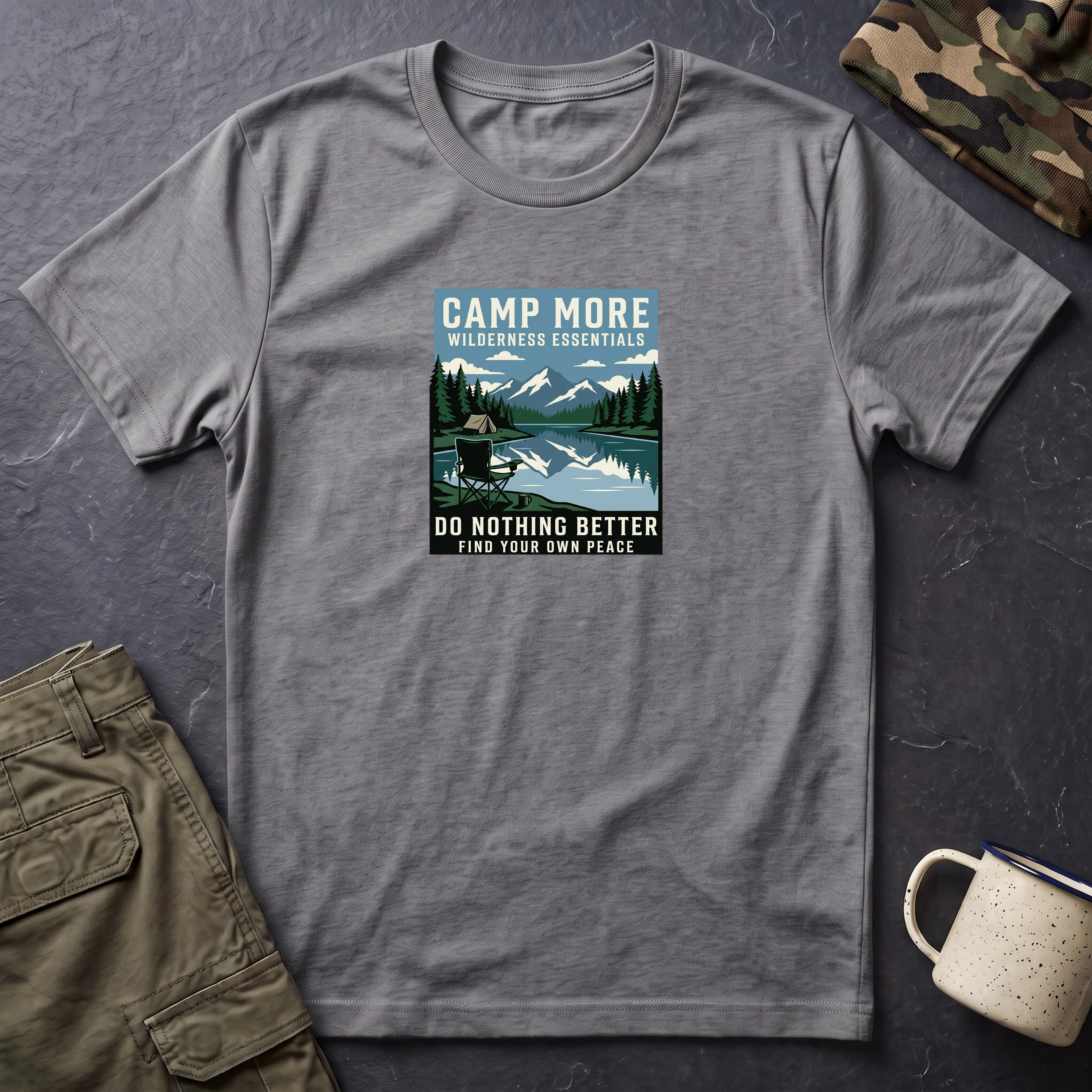 Camp More Wilderness Camping T-Shirt | Lake Mountain Poster Design