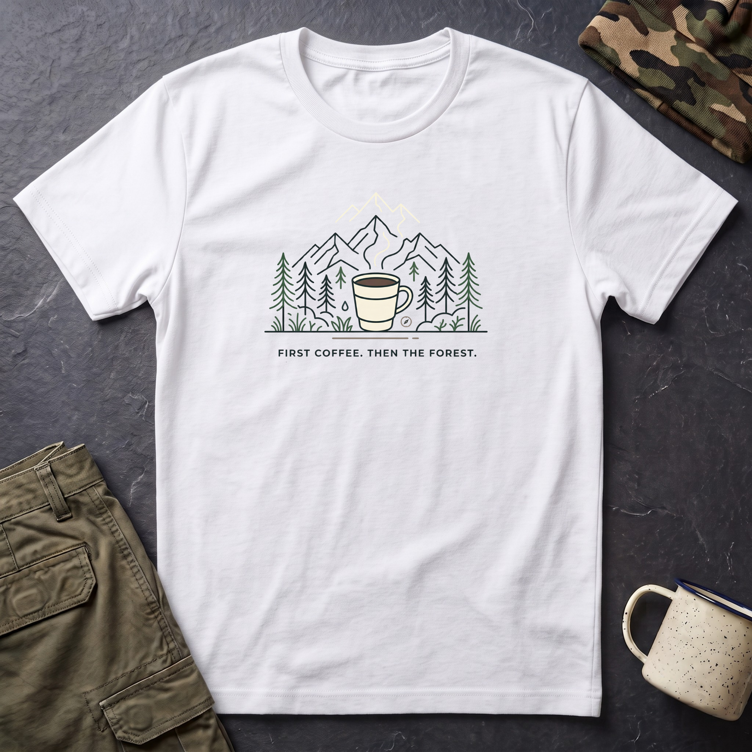 Coffee Cup in Pines T-Shirt | mountain camp mug, minimalist outdoors design