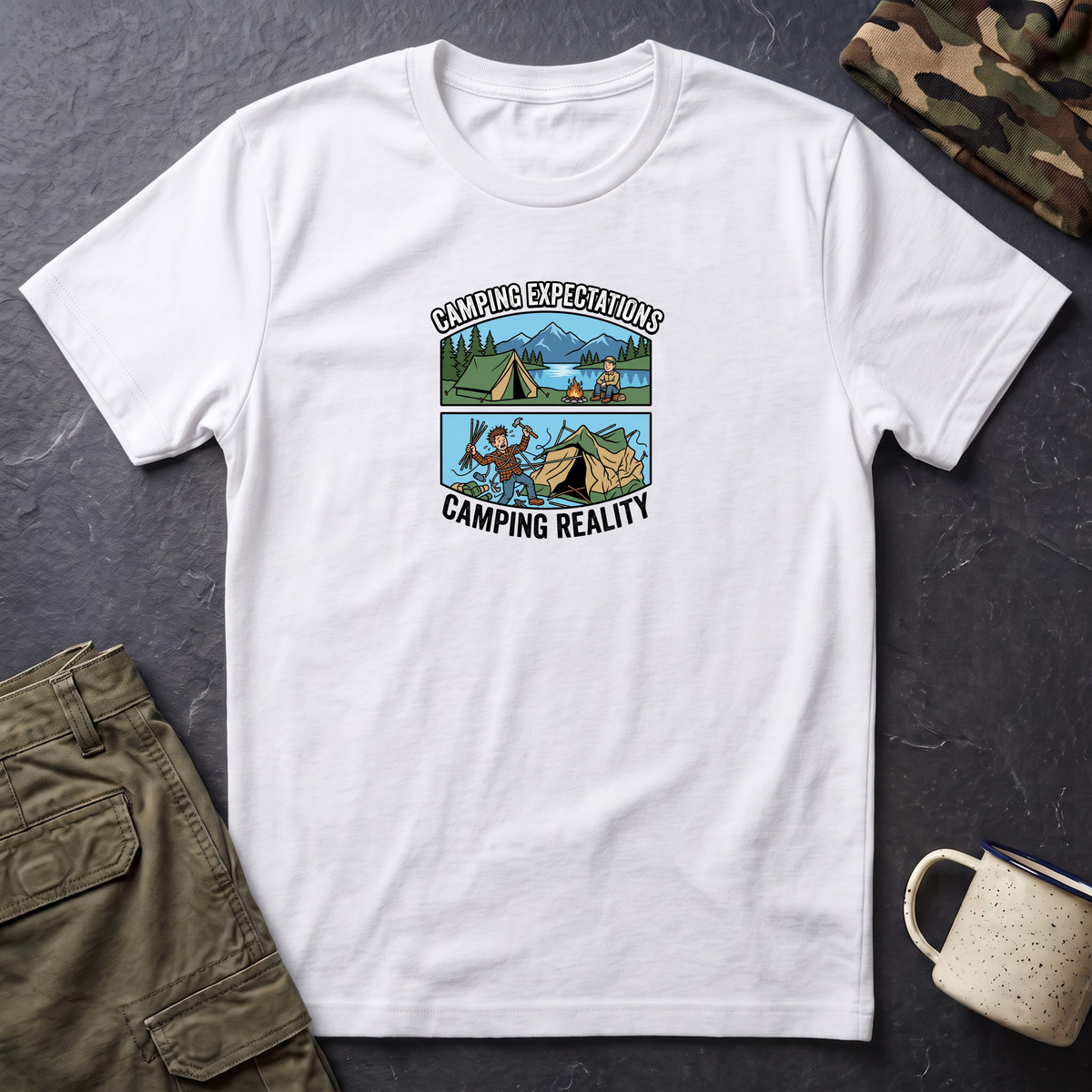 Camping Reality T-Shirt | Scenic Tent, Lake, Mountains Outdoor Adventure