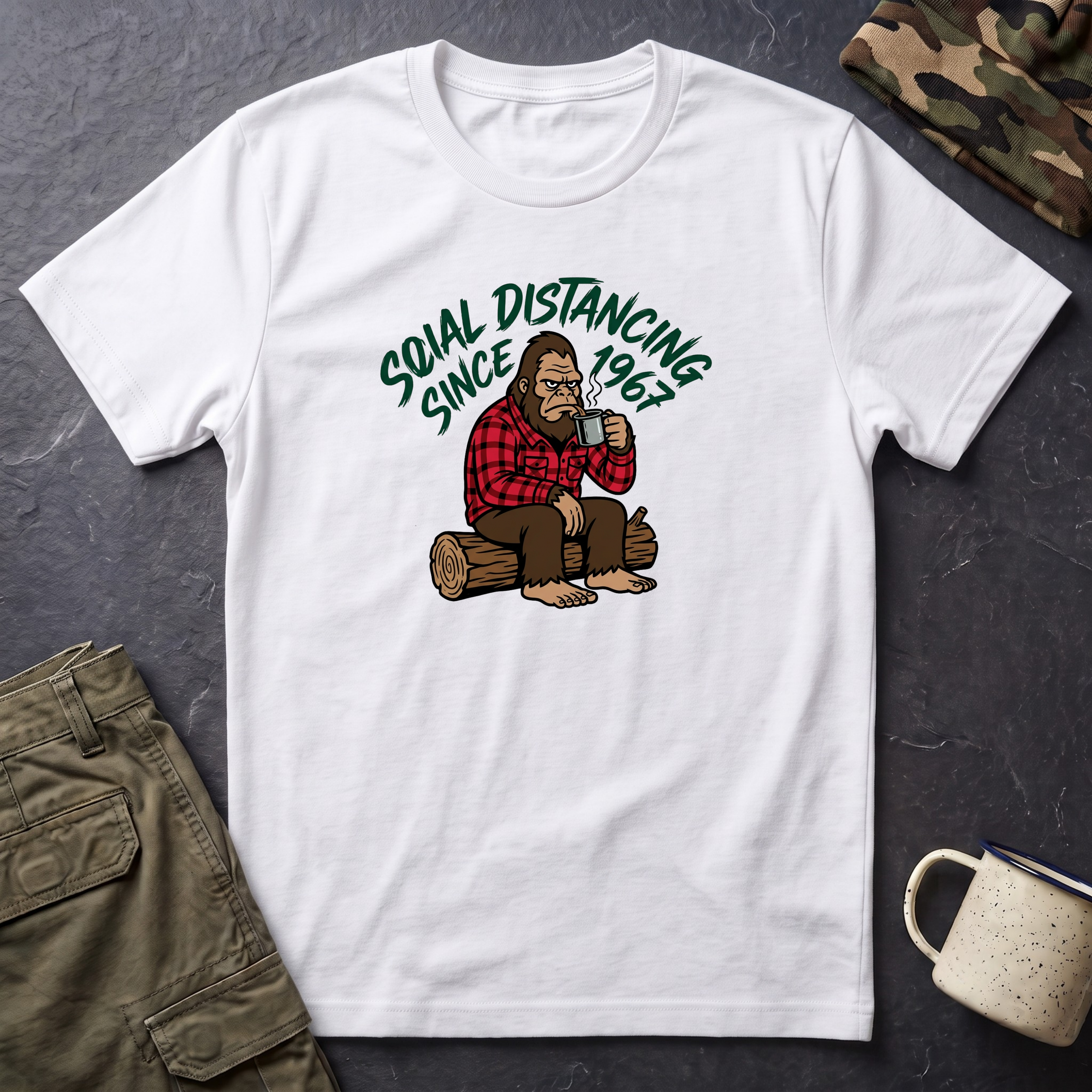 Bigfoot Social Distancing Since 1967 T-Shirt | Sasquatch Lumberjack Tee