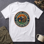 Stayed for the Coffee mountain camping badge T-Shirt | coffee hiking logo