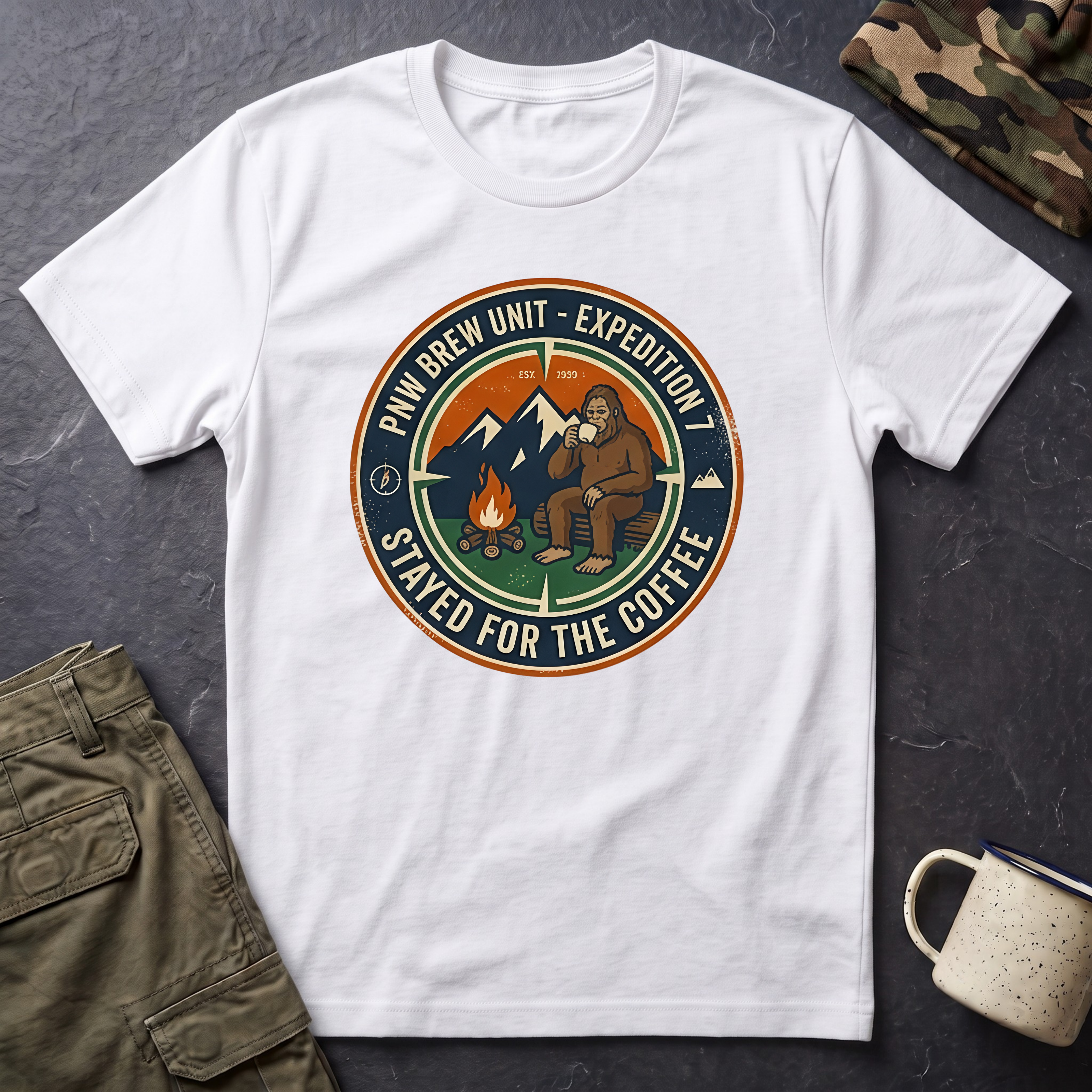 Stayed for the Coffee mountain camping badge T-Shirt | coffee hiking logo