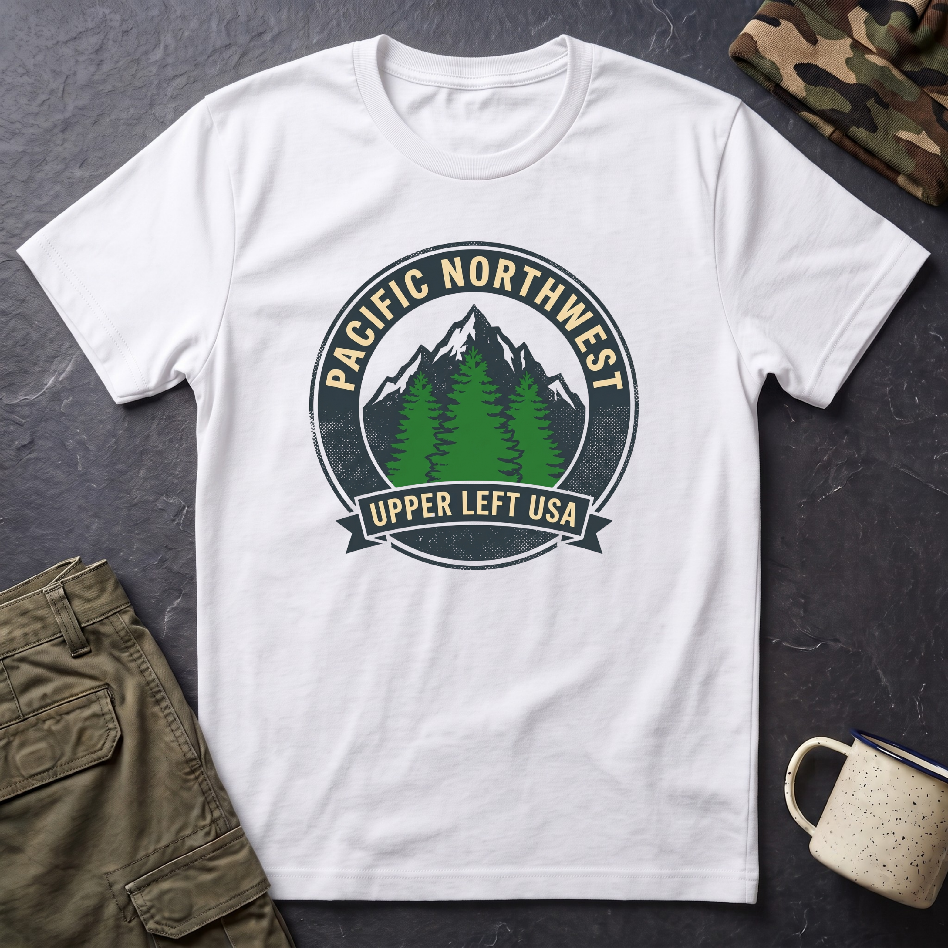 Pacific Northwest Mountain Pines T-Shirt | Upper Left USA graphic