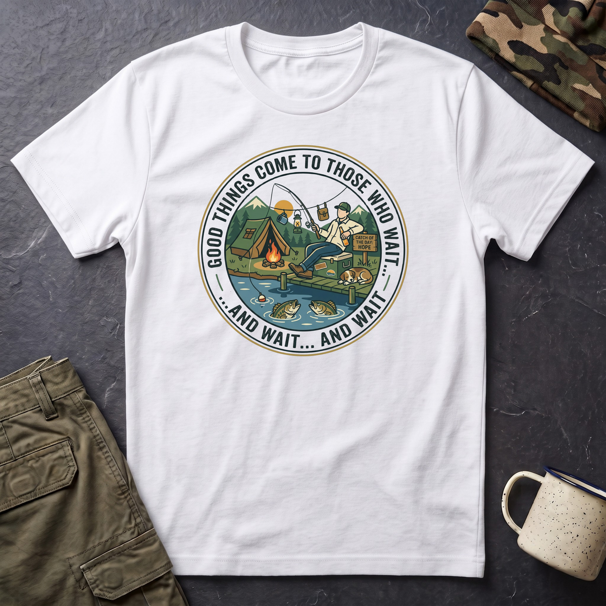 Camping Scene T-Shirt | Vintage Tent Lake Illustration, 'Good Things Come to Those Who Wait'