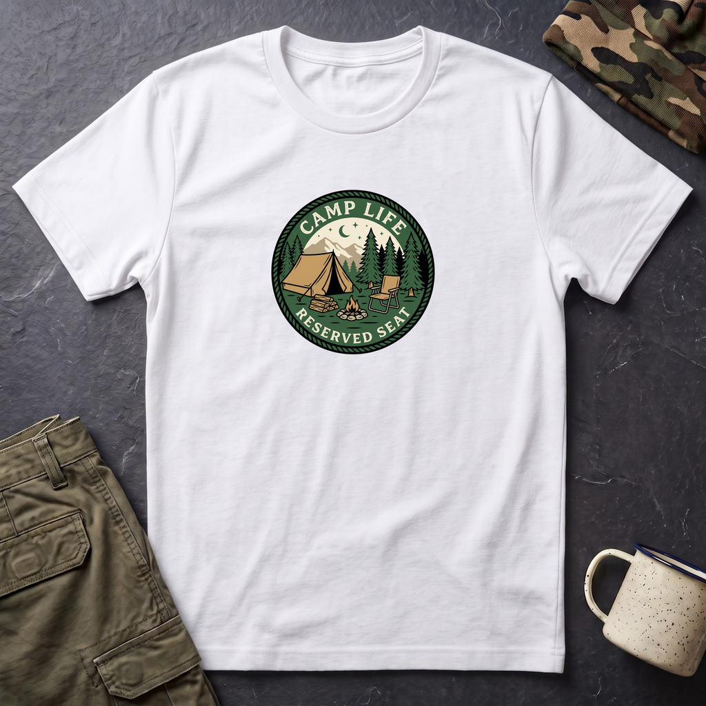 Camp Life Tent and Trees T-Shirt | Retro Outdoors Camper Badge