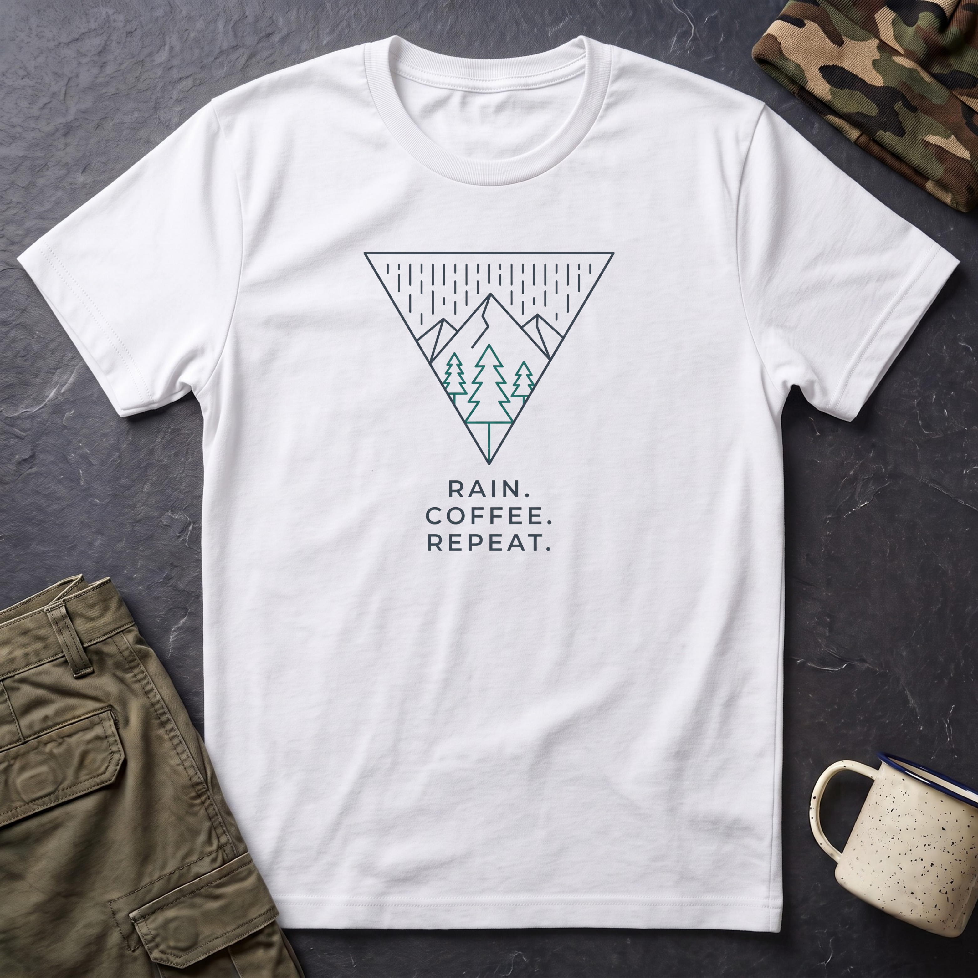 Rain Coffee Repeat T‑Shirt — Minimal Mountain Triangle Graphic Tee