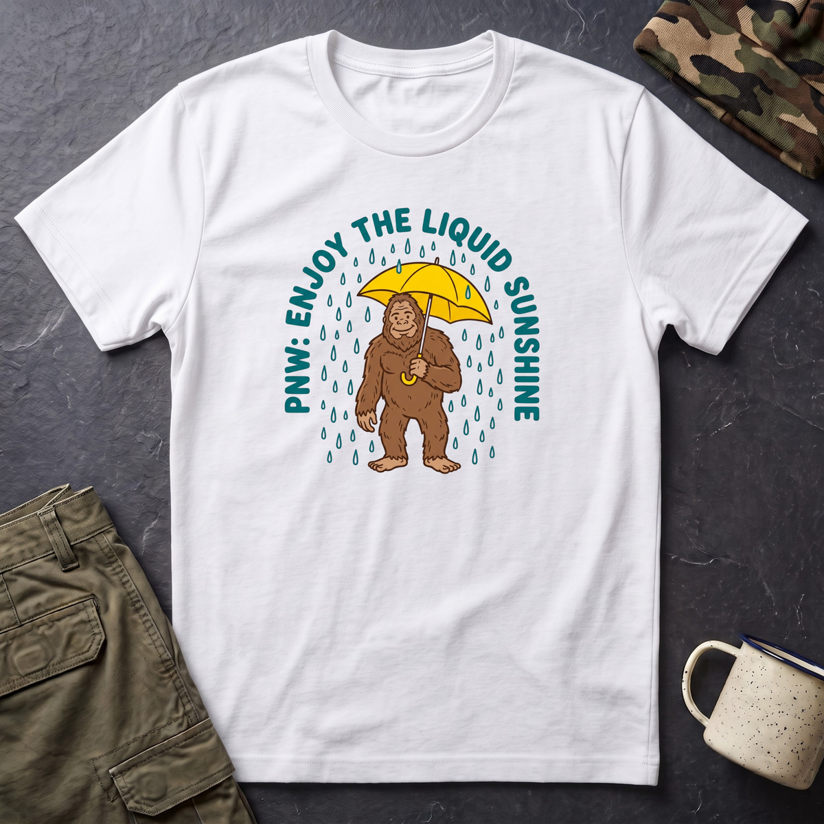 PNW Enjoy the Liquid Sunshine Bigfoot T-Shirt | Rain Umbrella Illustration