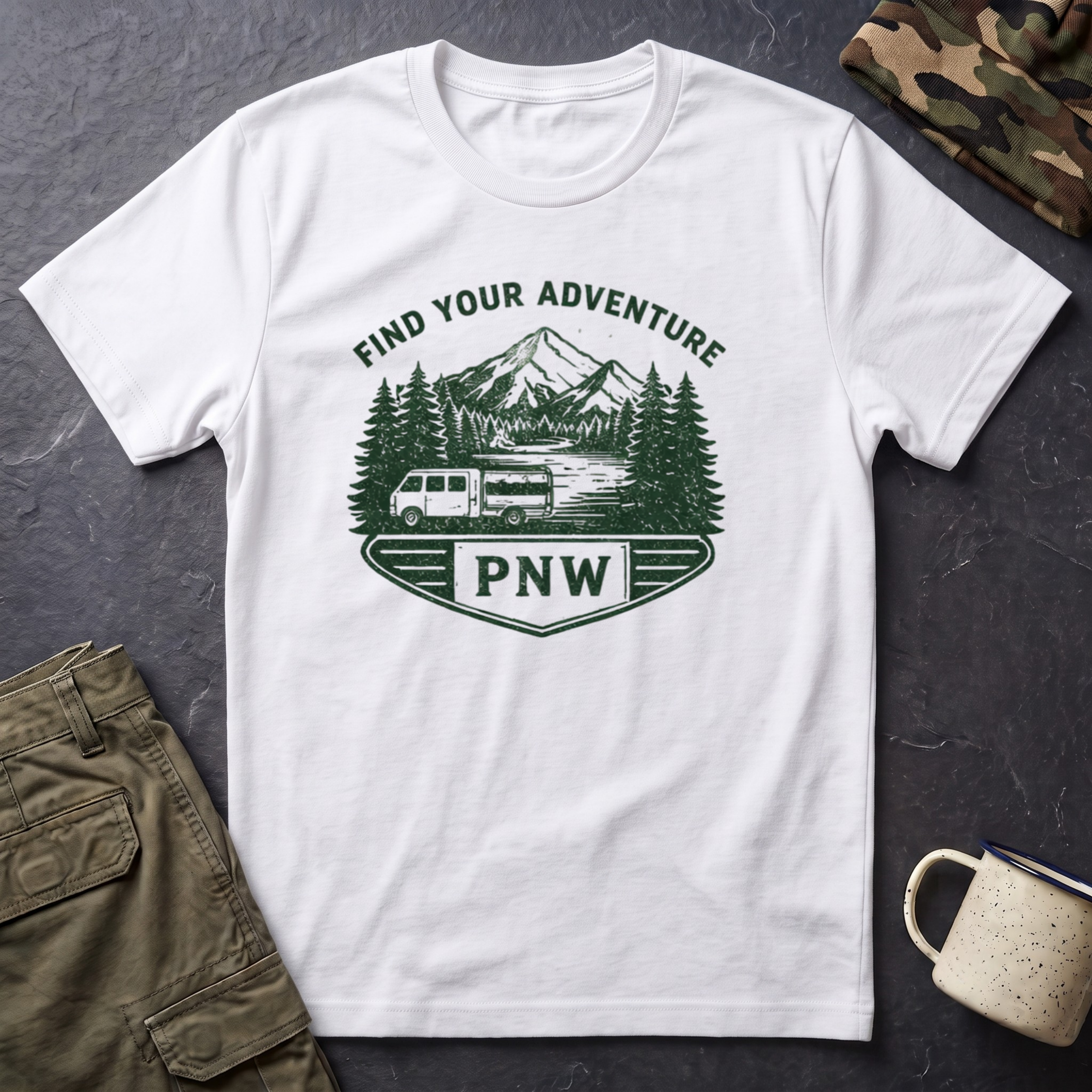 PNW Find Your Adventure T-Shirt | Pacific Northwest Camper Forest Design