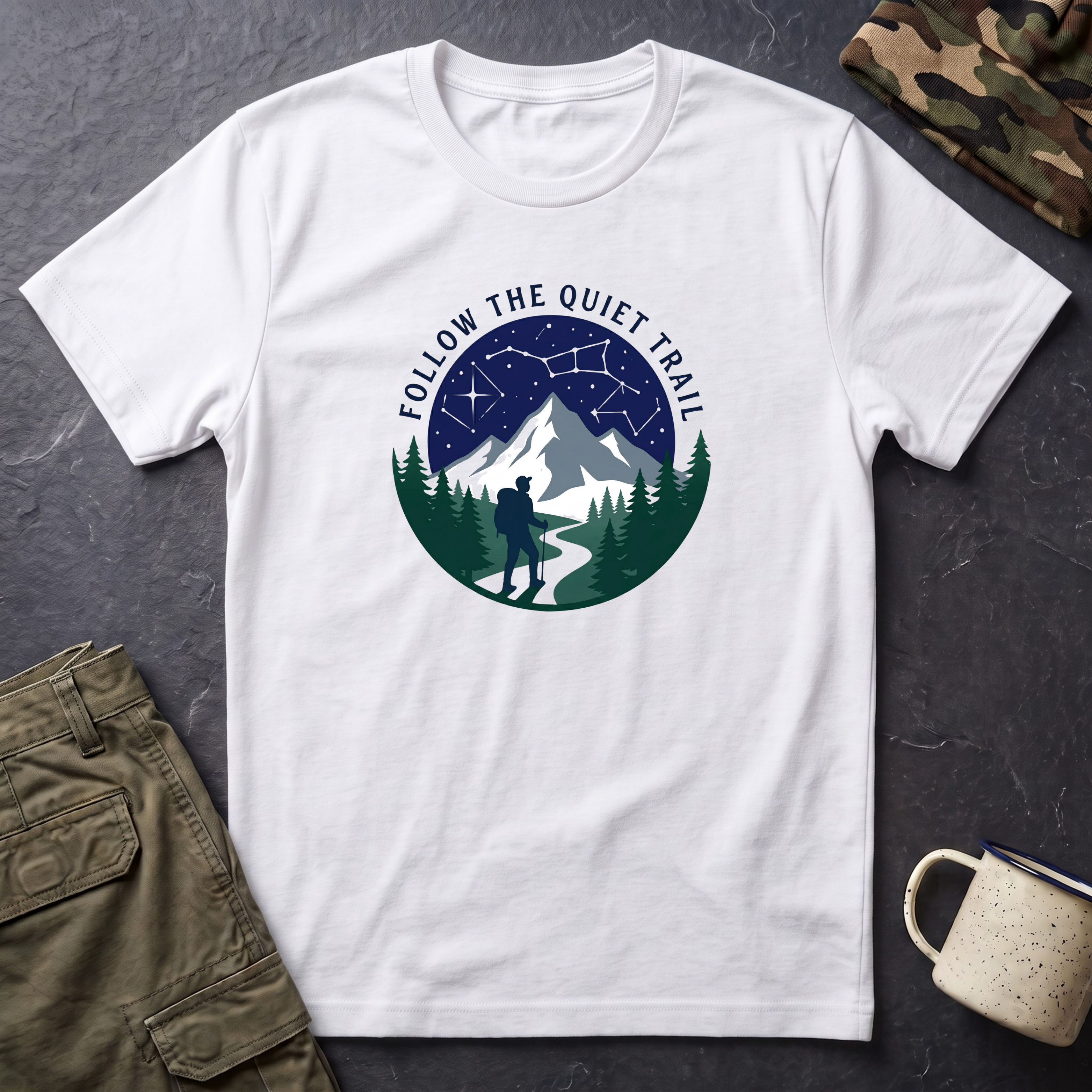 Follow The Quiet Trail Hiking T-Shirt | Mountain Night Sky