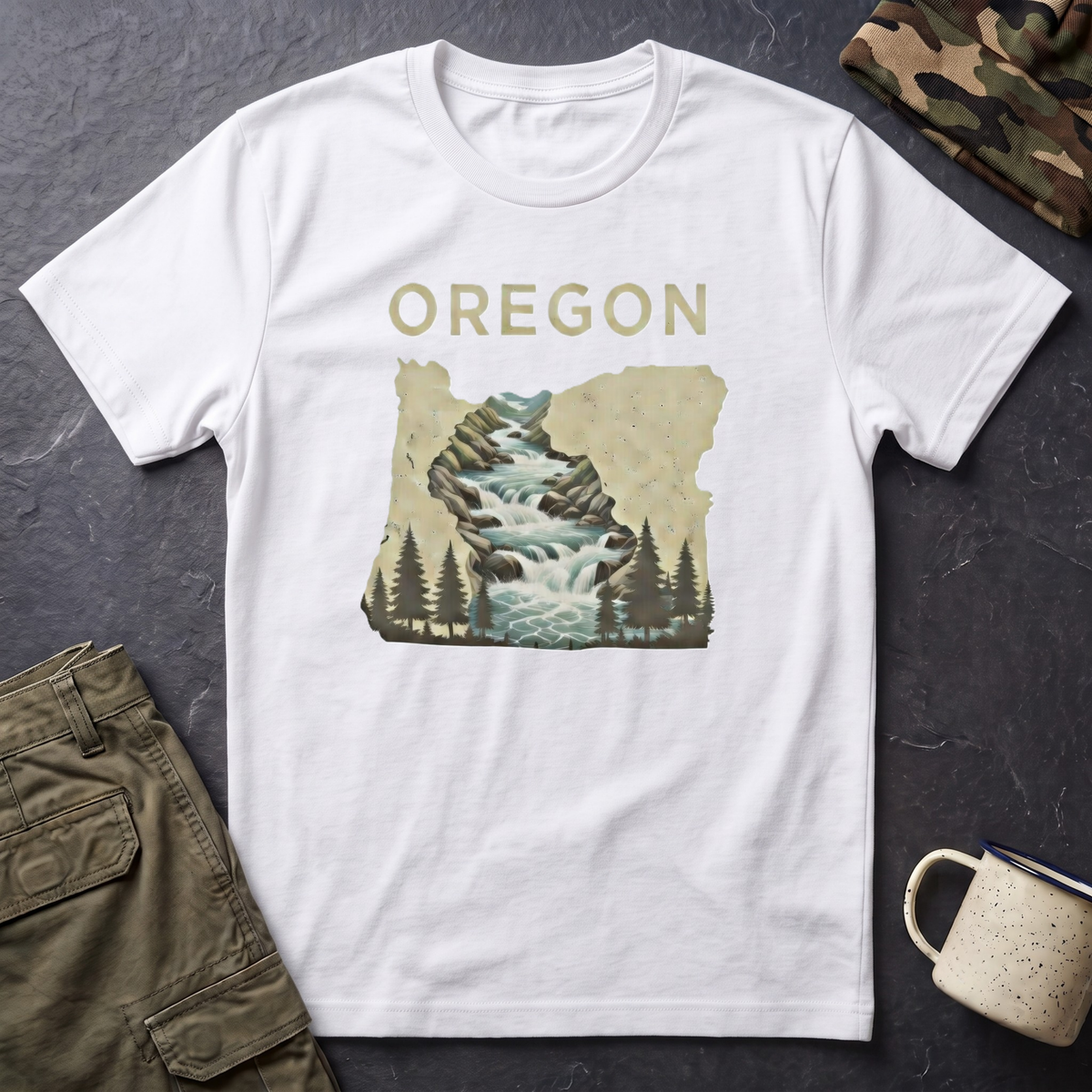 Oregon waterfall state map T-Shirt | River, Pines, Nature