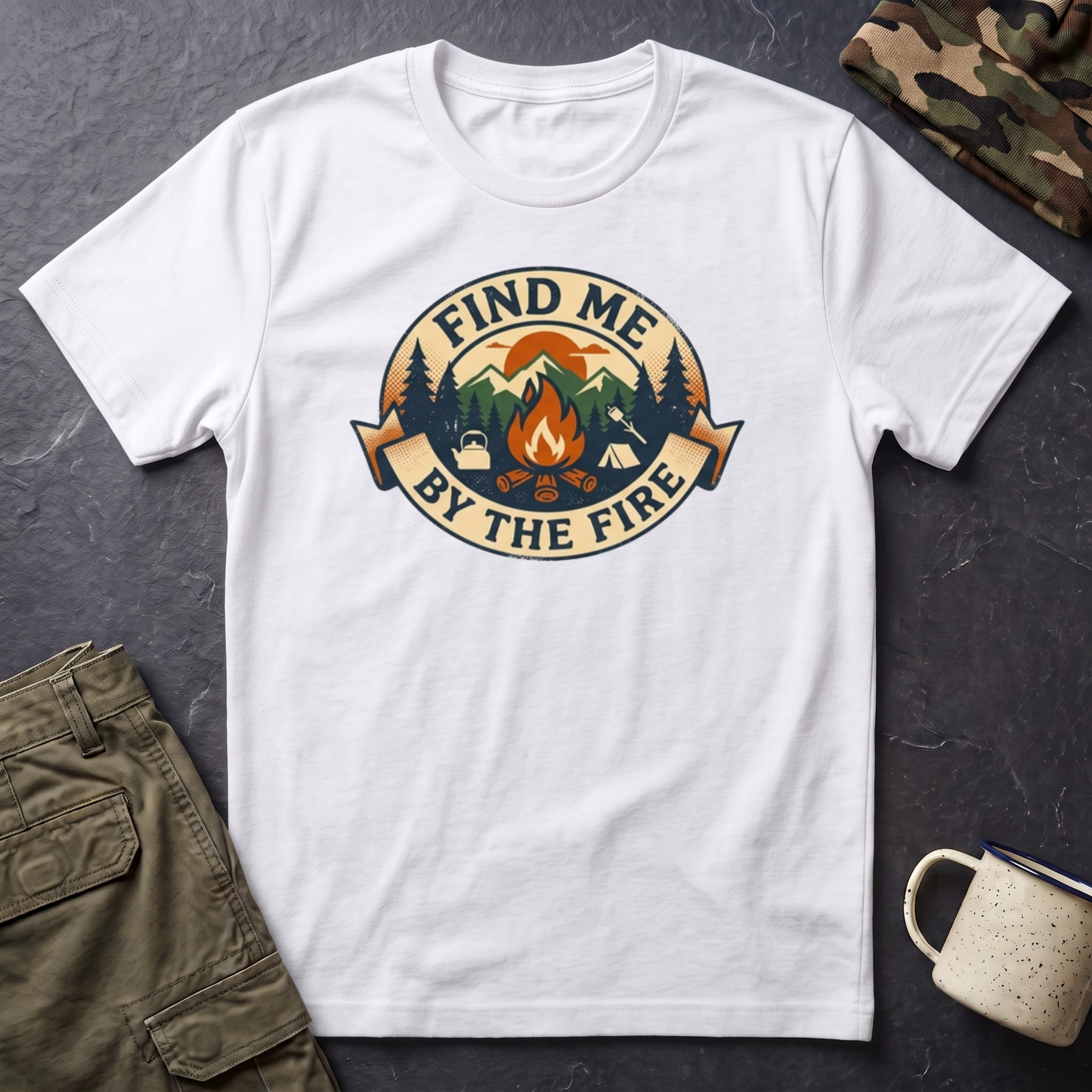 Find Me by the Fire T-Shirt | Campfire Mountains Camping Tee