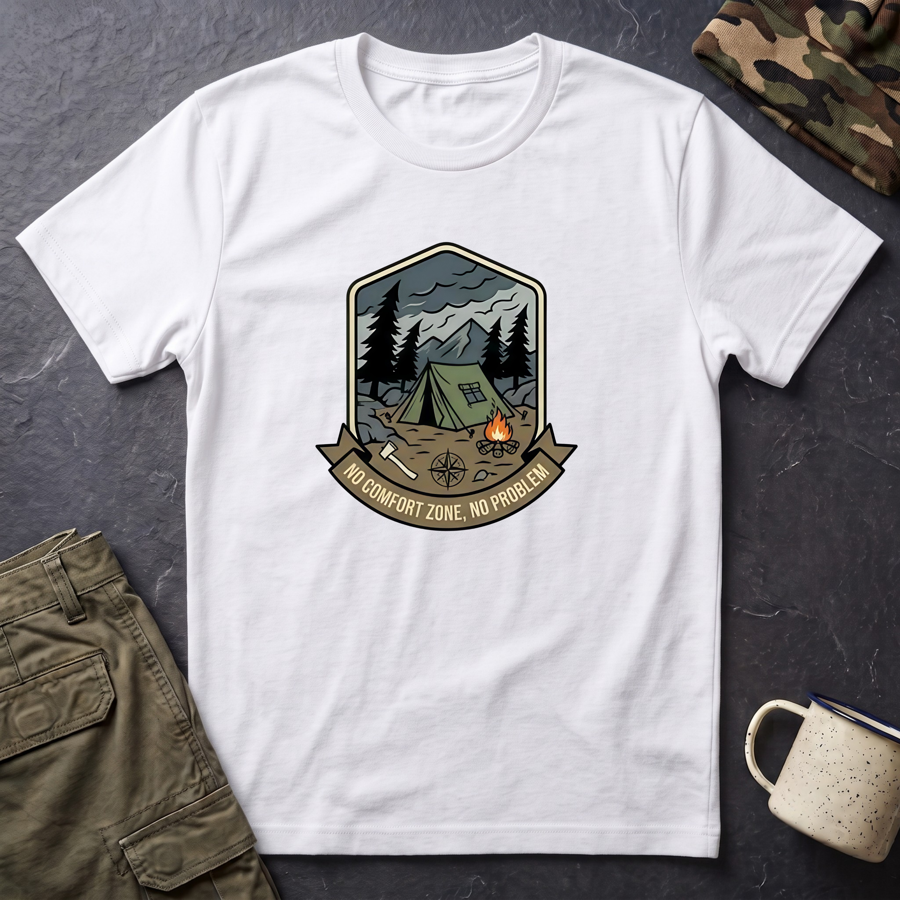Camping Badge tent and campfire graphic T-Shirt | outdoors hiking adventure emblem