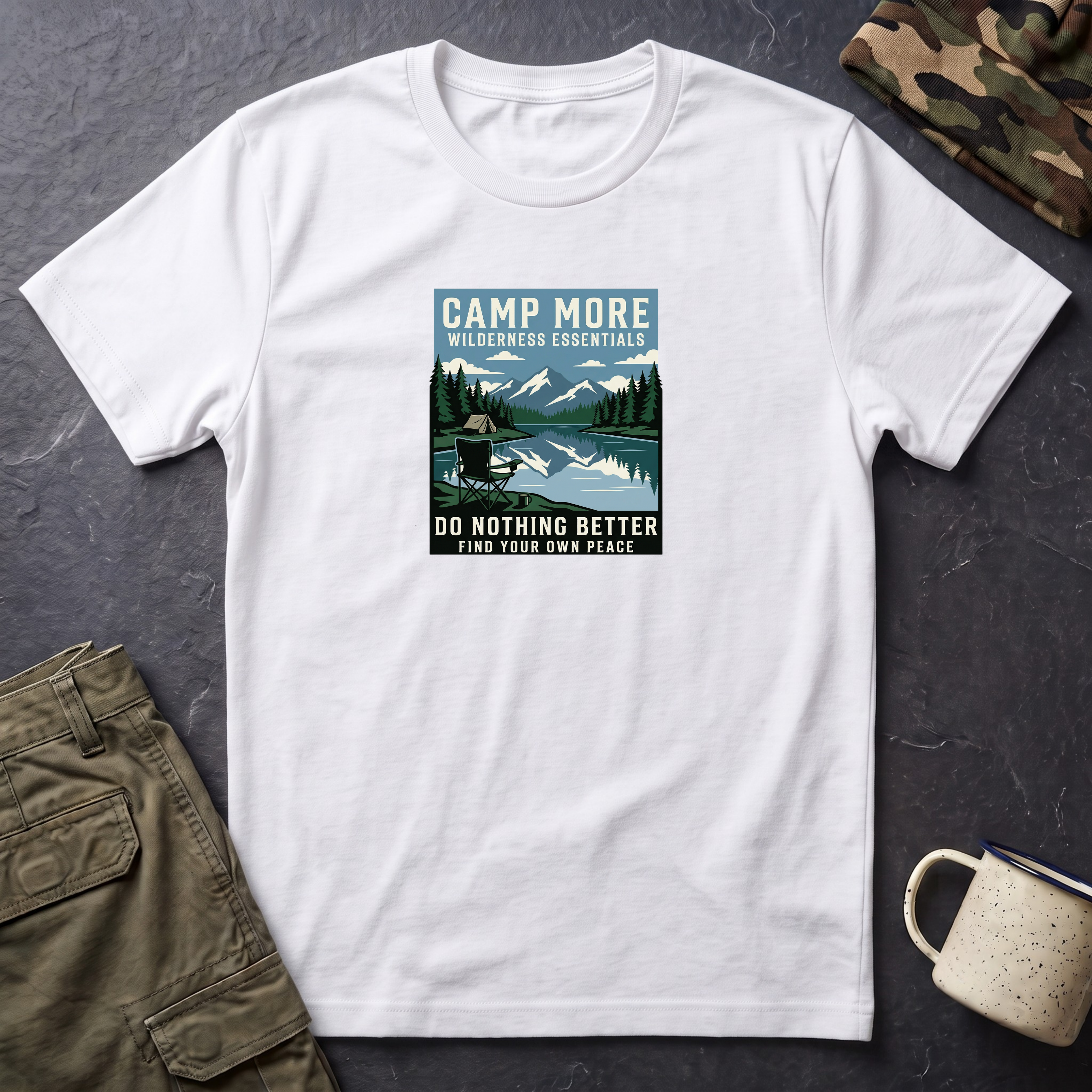 Camp More Wilderness Camping T-Shirt | Lake Mountain Poster Design