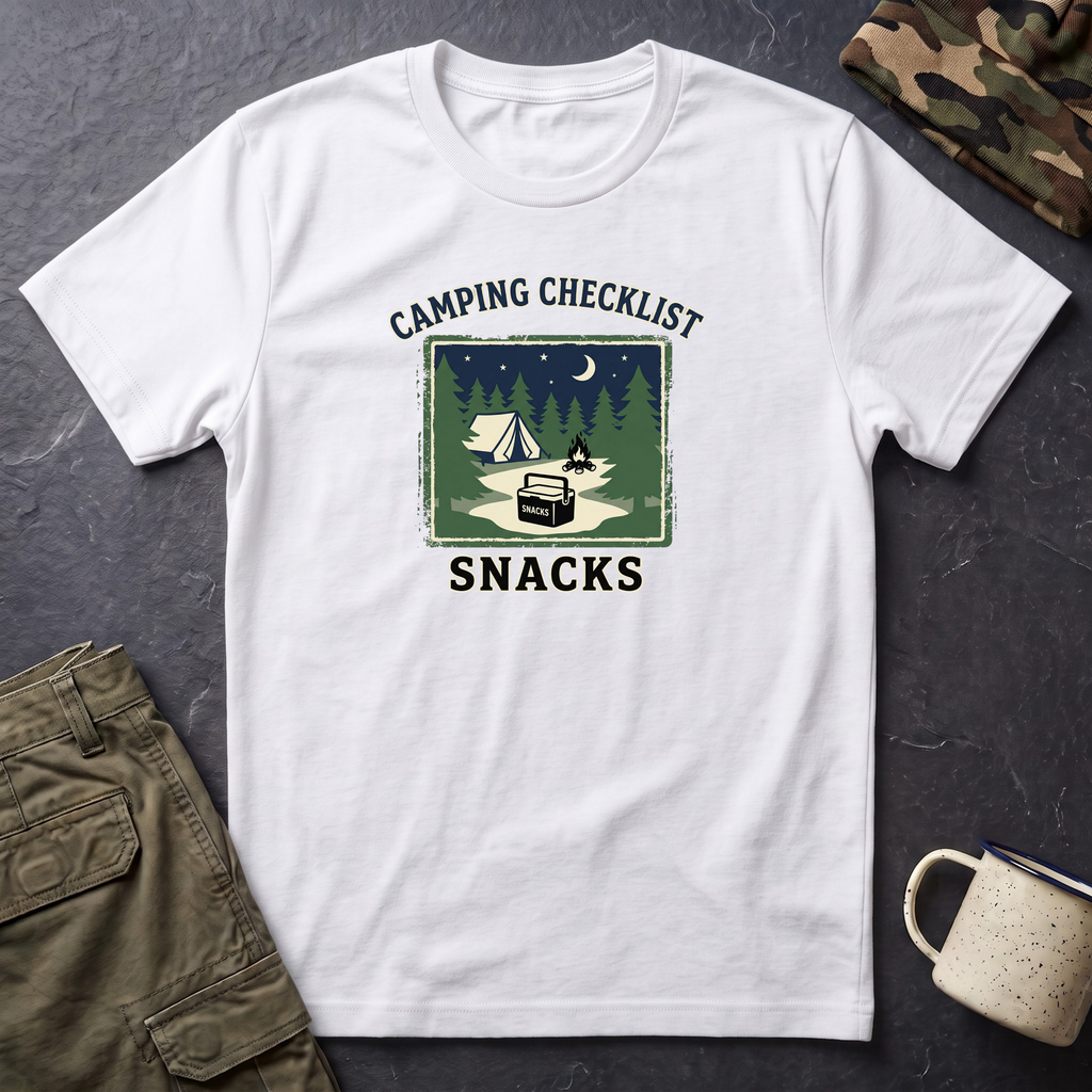 Camping Checklist Snacks T-Shirt | Camping Graphic Tee, Tent Campfire Design