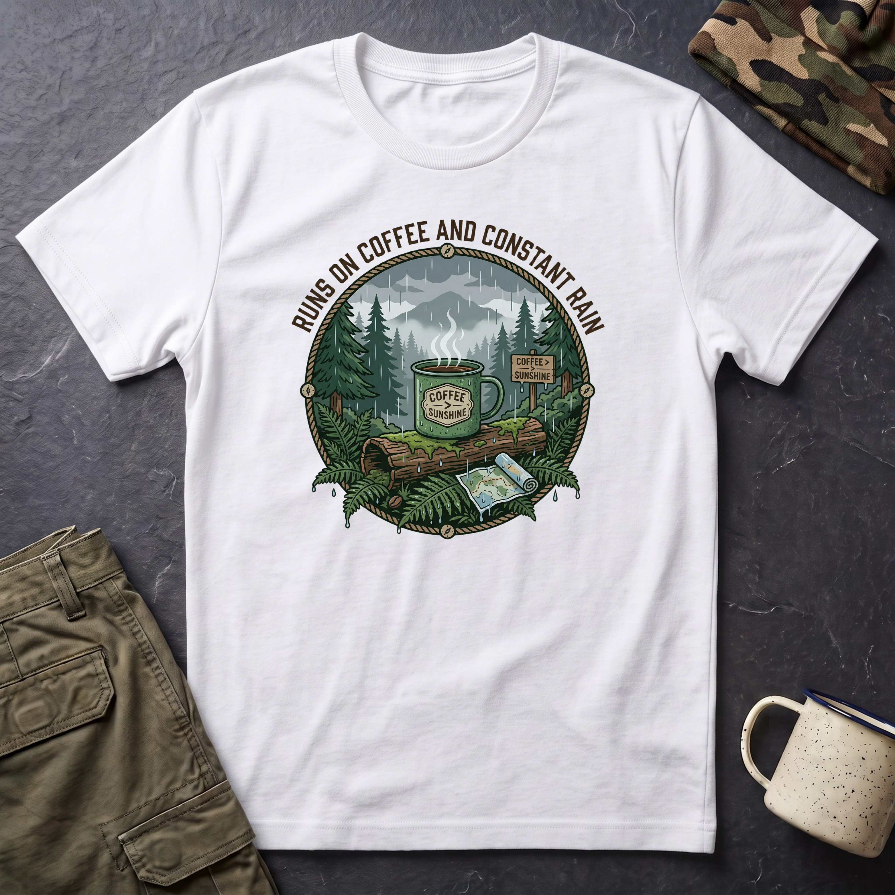Cozy Camping Coffee Scene T-Shirt | Mountain Mug, Rainy Forest Illustration
