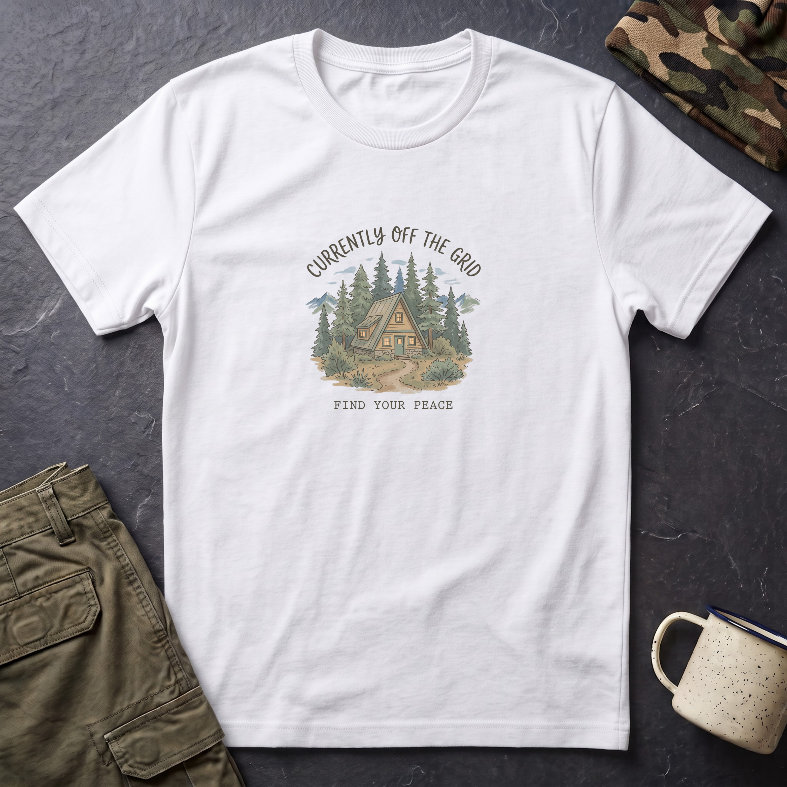 T-Shirt — "Currently Off the Grid" Cabin Graphic | Find Your Peace