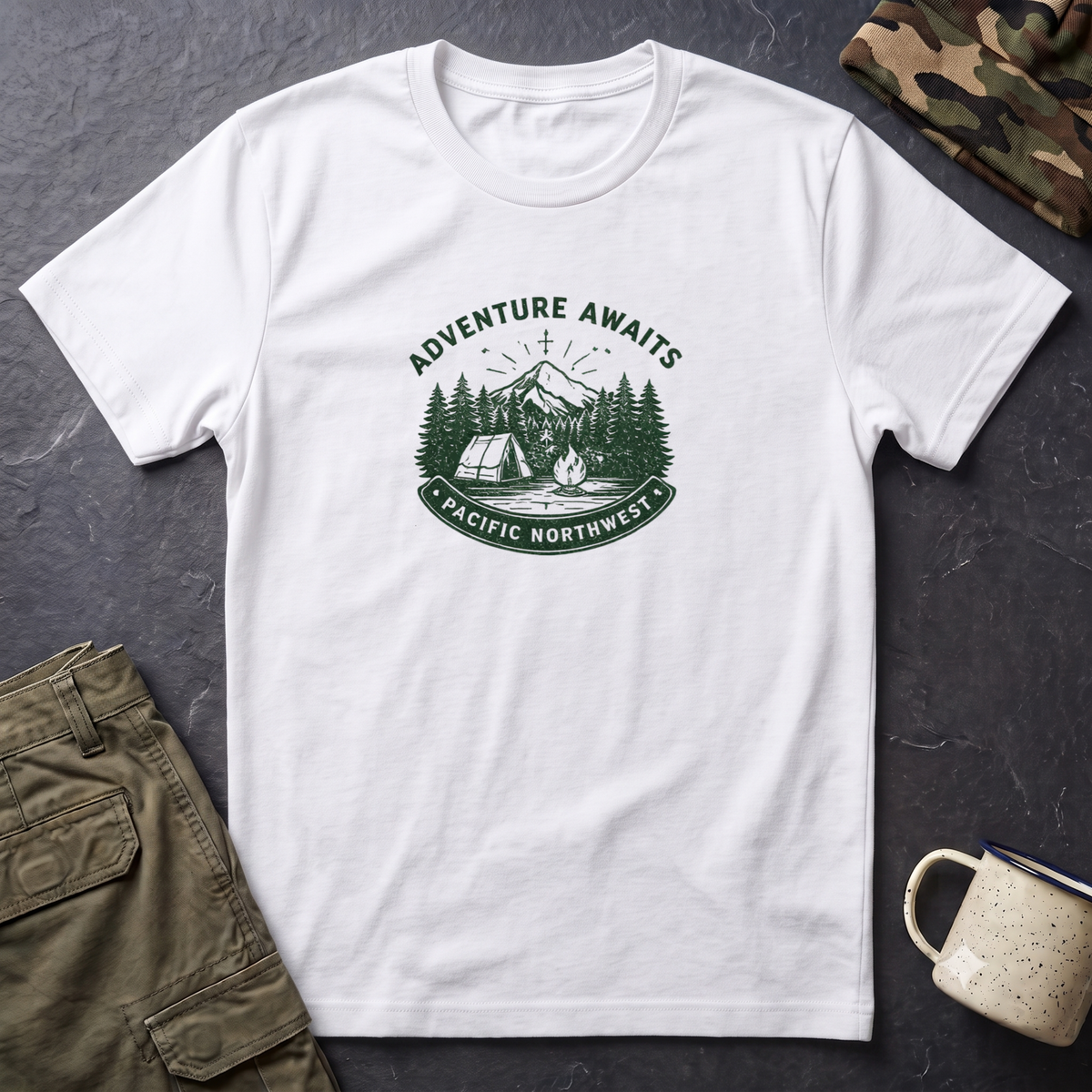 Adventure Awaits Pacific Northwest T-Shirt | Camping Mountain Badge