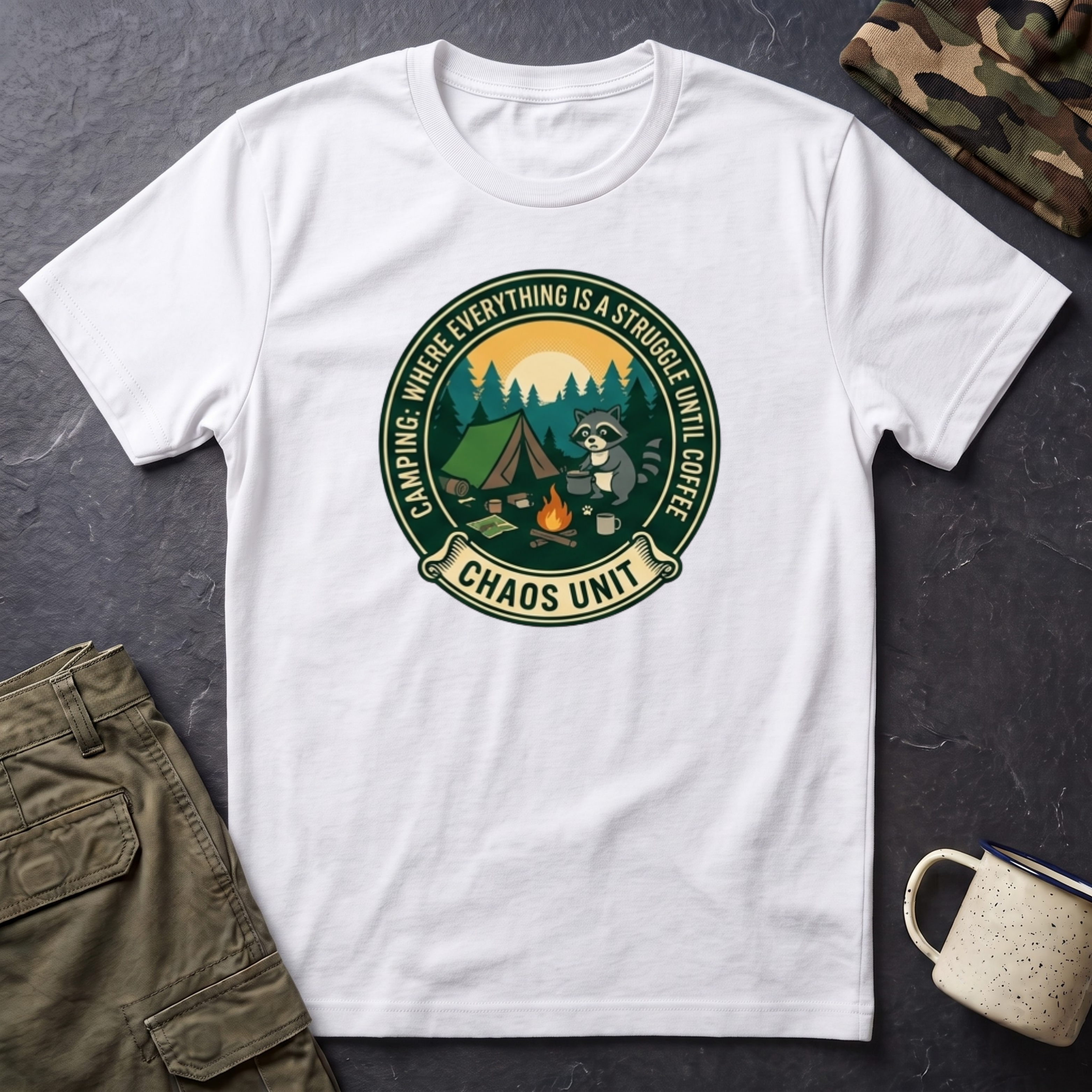 Camping Coffee Bear Chaos Unit T-Shirt | Campfire Woods Graphic