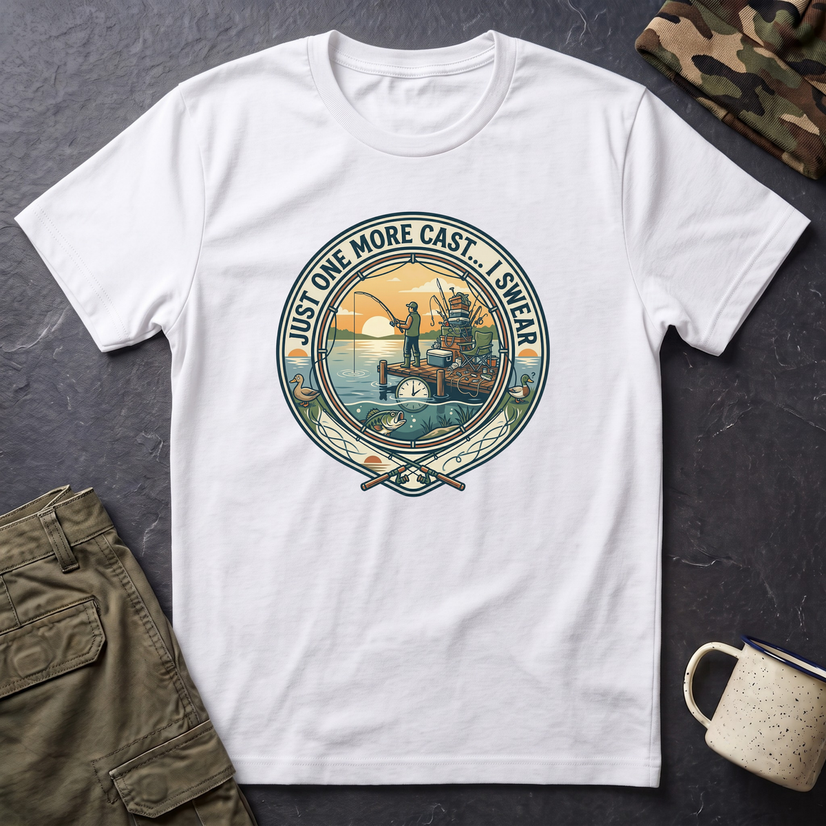 Just One More Cast Fishing T-Shirt | Retro Sunset Angler Design